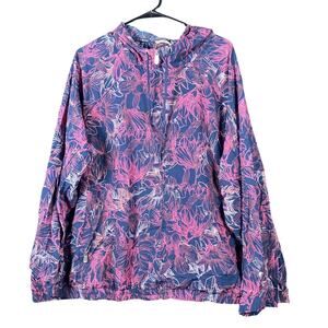 Active Zone Women Jacket Blue Pink Floral Full Zip Hooded Lightweight Stretch 2X